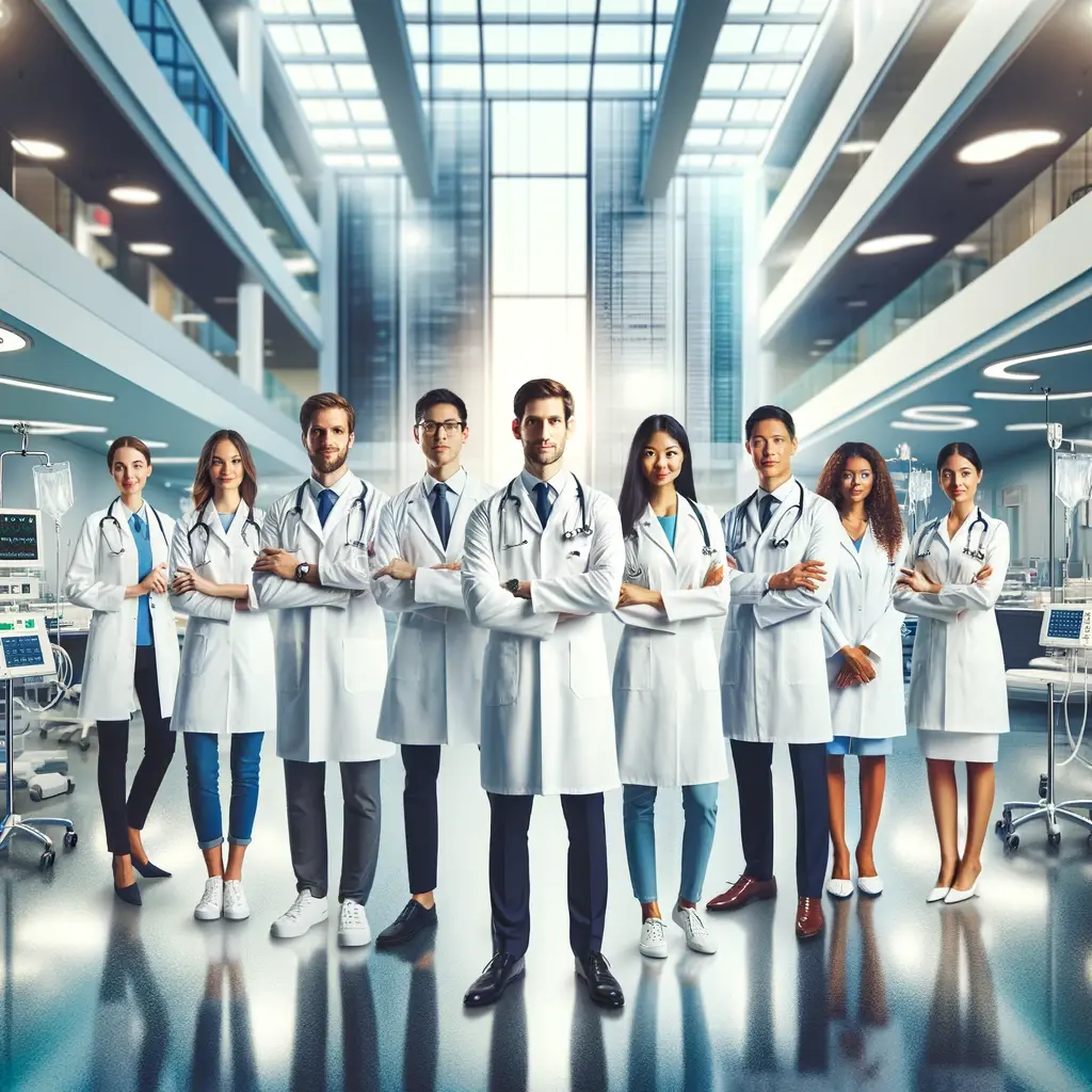 UHSR Medical Officer Recruitment 2024 A diverse group of medical professionals in a modern hospital setting all wearing white lab coats and stethoscopes standing together with a backgrou 1
