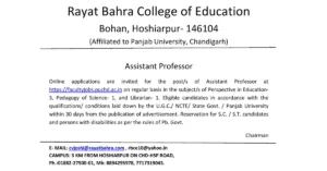 Rayat Bahra College of Education Recruitment 2024 - Apply for Assistant Professor