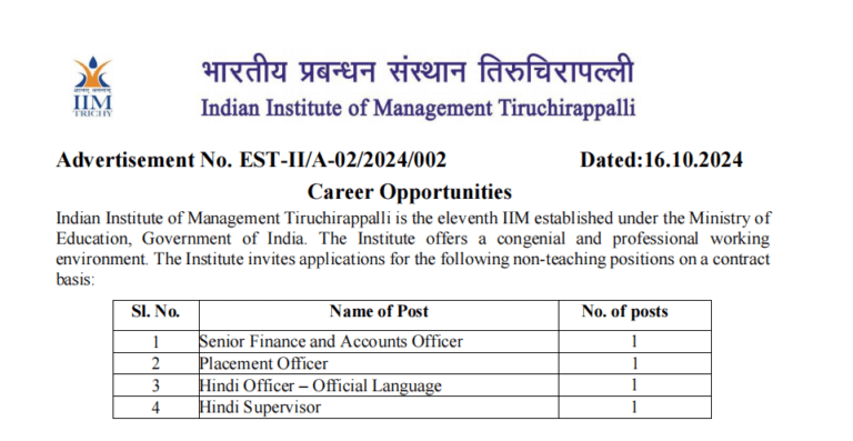 IIM Trichy Non-Teaching Positions 2024 – Apply Online for Finance, Placement, Hindi Roles