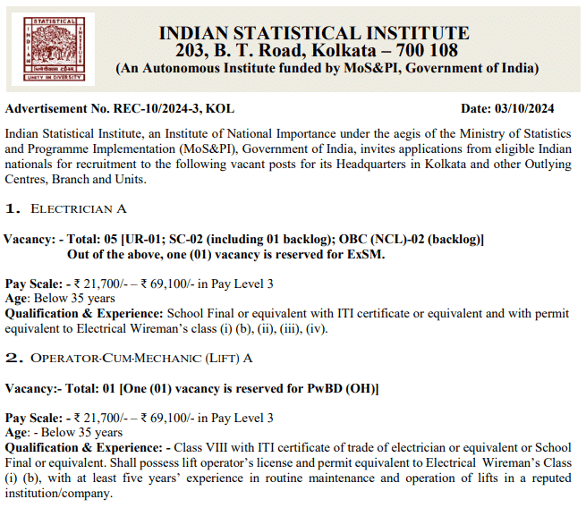 ISI Recruitment 2024 - Electrician and Operator-Cum-Mechanic positions open at Indian Statistical Institute