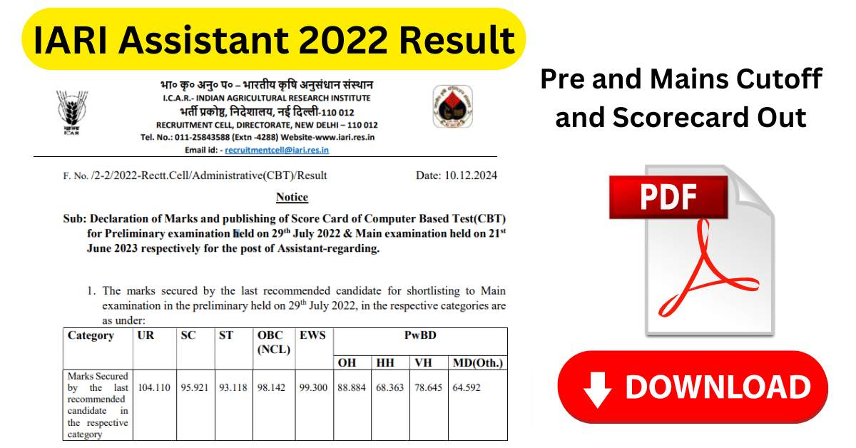 IARI Assistant 2022 Pre and Mains Cutoff and Scorecard