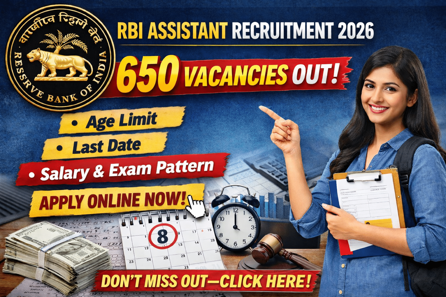 RBI Assistant Recruitment 2026 banner showing 650 vacancies, age limit, last date, salary and exam pattern details with apply online call to action