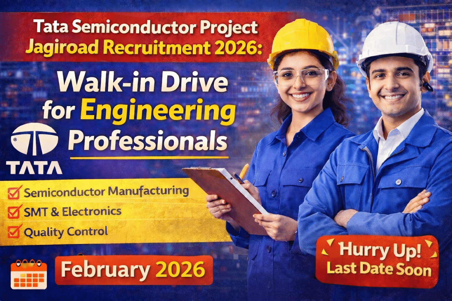 Tata Semiconductor Jagiroad Recruitment 2026 banner showing walk-in drive for engineering professionals with semiconductor manufacturing and quality control roles