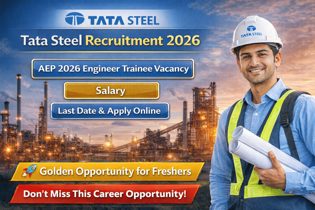 Tata Steel Recruitment 2026 banner showing AEP 2026 Engineer Trainee Vacancy, salary details, last date and apply online buttons, Tata Steel logo and engineer image