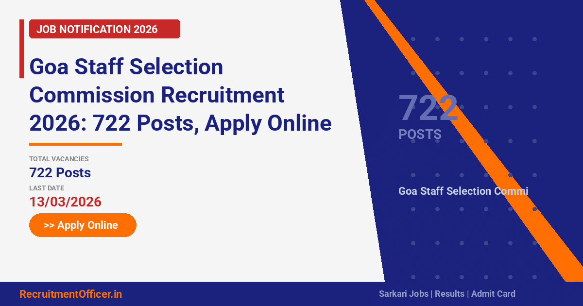 Goa Staff Selection Commission Recruitment 2026: 722 Posts, Apply Online by 13 Mar - RecruitmentOfficer.in