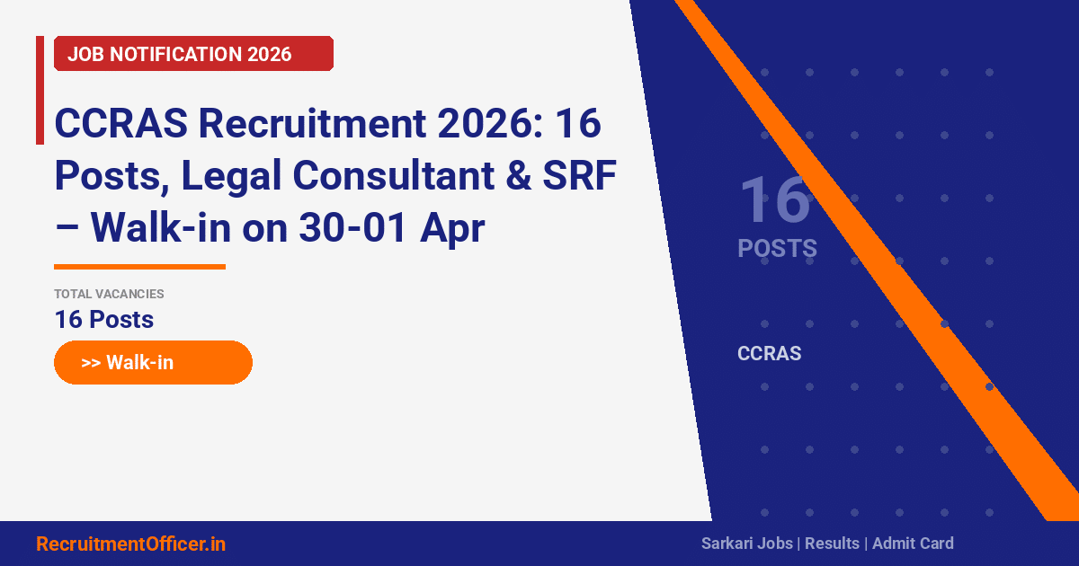CCRAS Recruitment 2026: 16 Posts, Legal Consultant & SRF – Walk-in on 30-01 Apr - RecruitmentOfficer.in