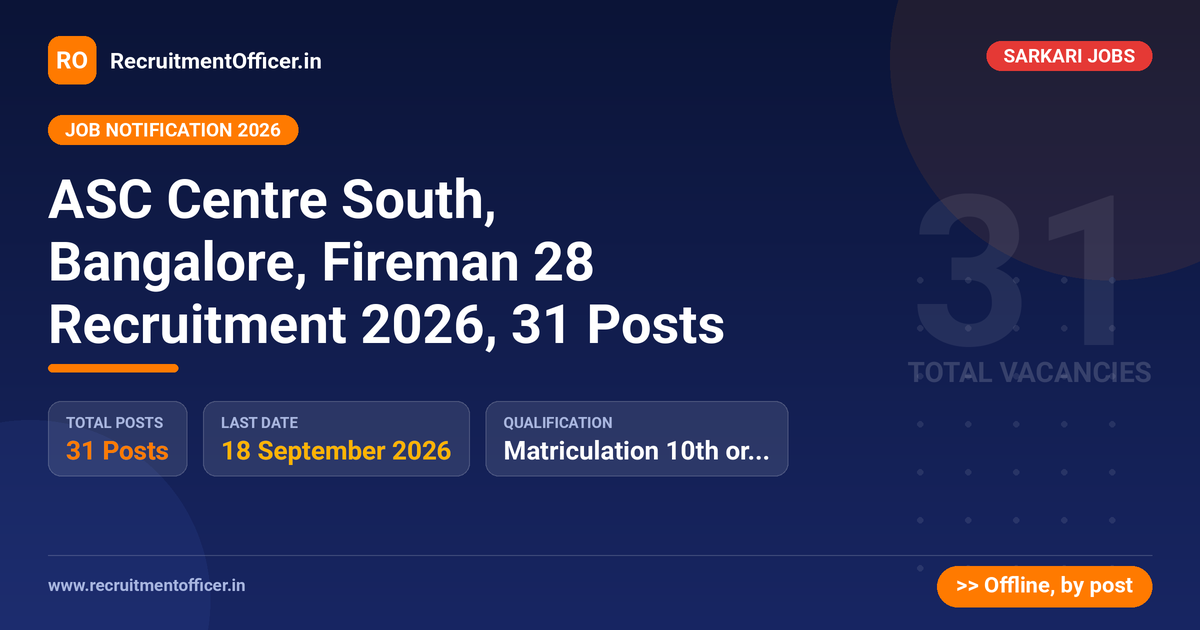 ASC Centre South, Bangalore, Fireman 28 Recruitment 2026, 31 Posts 1 ASC Centre South, Bangalore, Fireman 28 Recruitment 2026, 31 Posts - RecruitmentOfficer.in