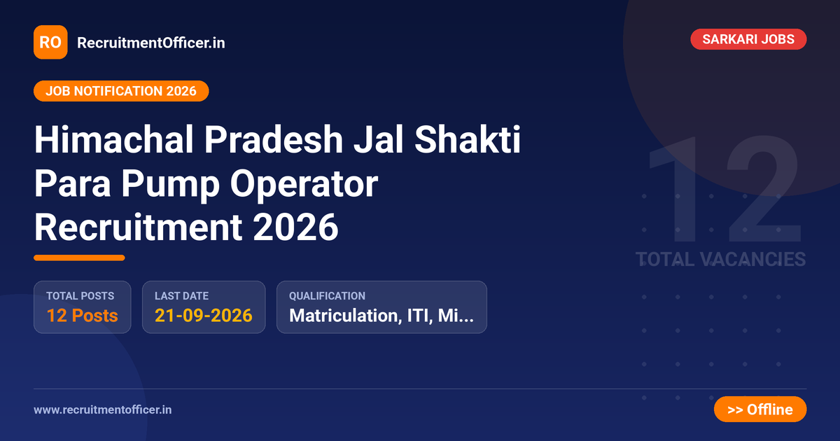 Himachal Pradesh Jal Shakti Para Pump Operator Recruitment 2026 - RecruitmentOfficer.in