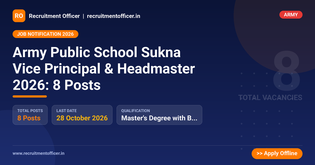 Army Public School Sukna Vice Principal & Headmaster 2026: 8 Posts 1 Army Public School Sukna Vice Principal & Headmaster 2026: 8 Posts - NRAI nrai.in