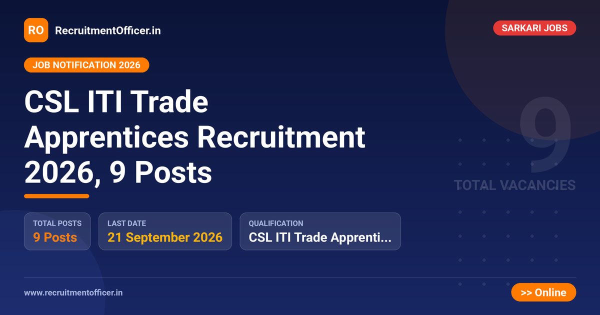CSL ITI Trade Apprentices Recruitment 2026, 9 Posts 1 CSL ITI Trade Apprentices Recruitment 2026, 9 Posts - RecruitmentOfficer.in