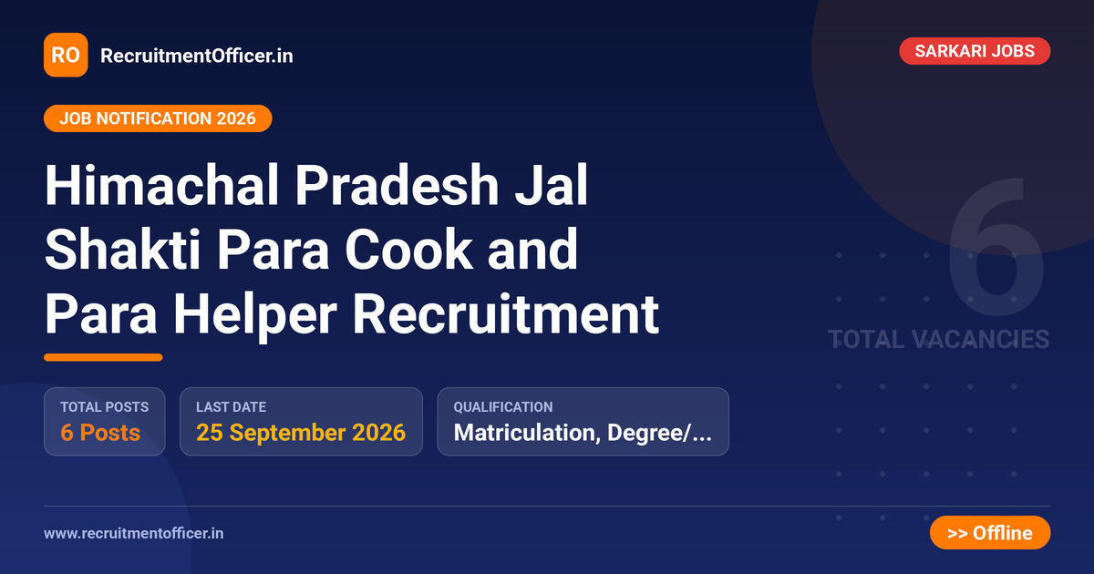 Himachal Pradesh Jal Shakti Para Cook and Para Helper Recruitment 1 Himachal Pradesh Jal Shakti Para Cook and Para Helper Recruitment - RecruitmentOfficer.in