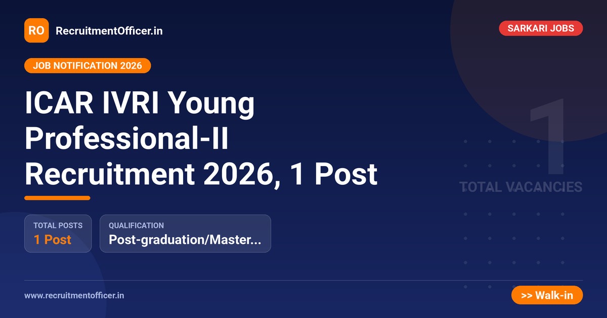 ICAR IVRI Young Professional-II Recruitment 2026, 1 Post 1 ICAR IVRI Young Professional-II Recruitment 2026, 1 Post - RecruitmentOfficer.in
