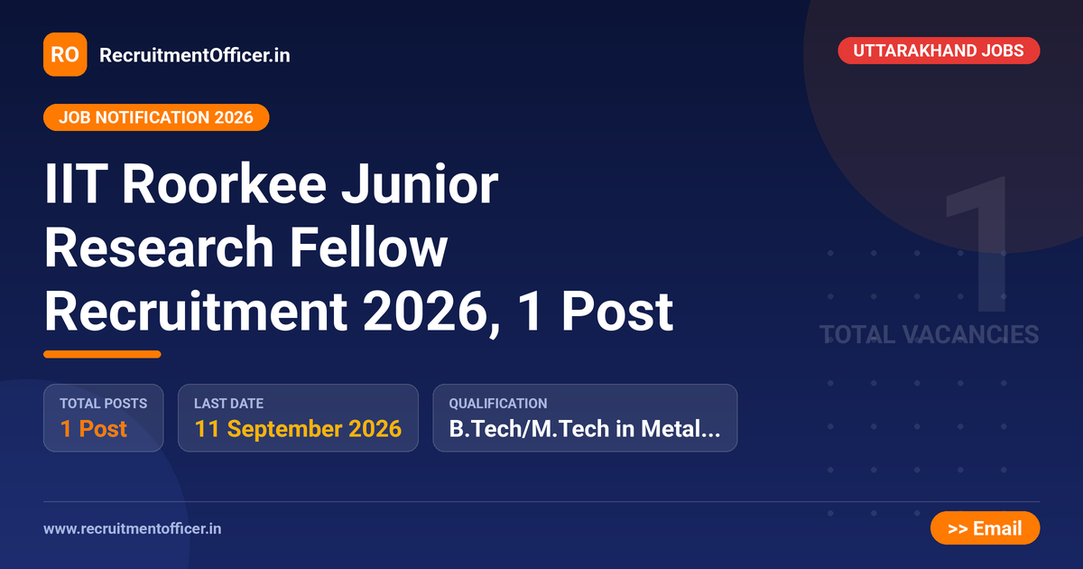 IIT Roorkee Junior Research Fellow Recruitment 2026, 1 Post 1 IIT Roorkee Junior Research Fellow Recruitment 2026, 1 Post - RecruitmentOfficer.in