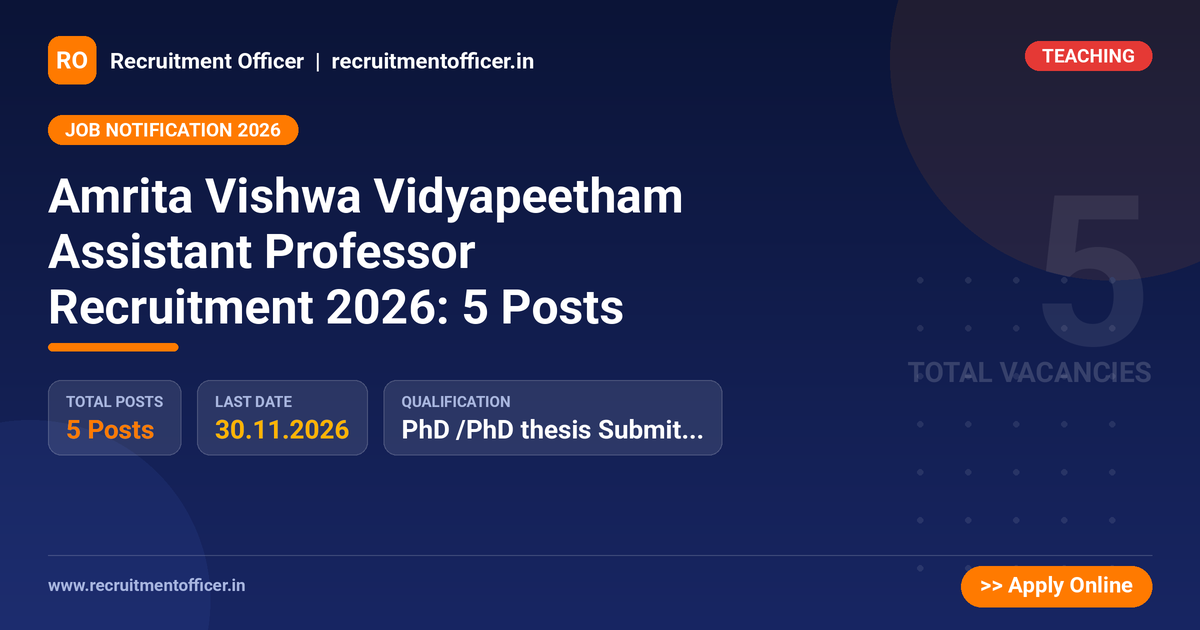 Amrita Vishwa Vidyapeetham Assistant Professor Recruitment 2026: 5 Posts - Recruitment Officer