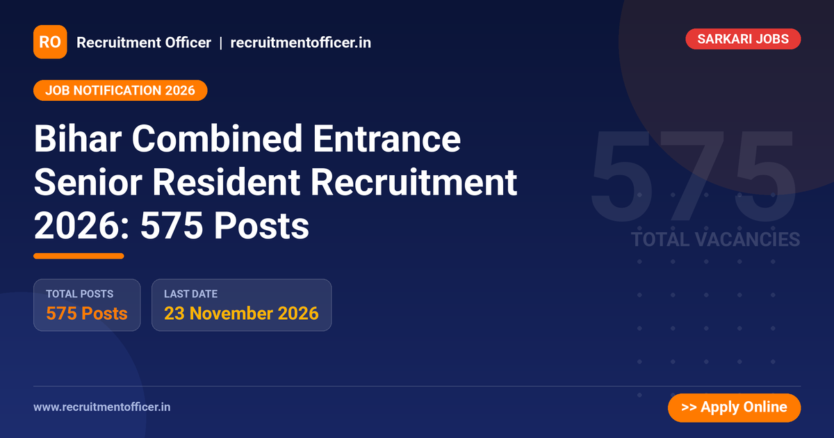 Bihar Combined Entrance Senior Resident Recruitment 2026: 575 Posts 1 Bihar Combined Entrance Senior Resident Recruitment 2026: 575 Posts - Recruitment Officer