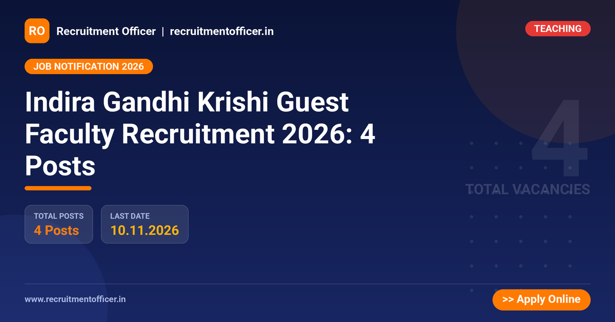 Indira Gandhi Krishi Guest Faculty Recruitment 2026: 4 Posts 1 Indira Gandhi Krishi Guest Faculty Recruitment 2026: 4 Posts - Recruitment Officer
