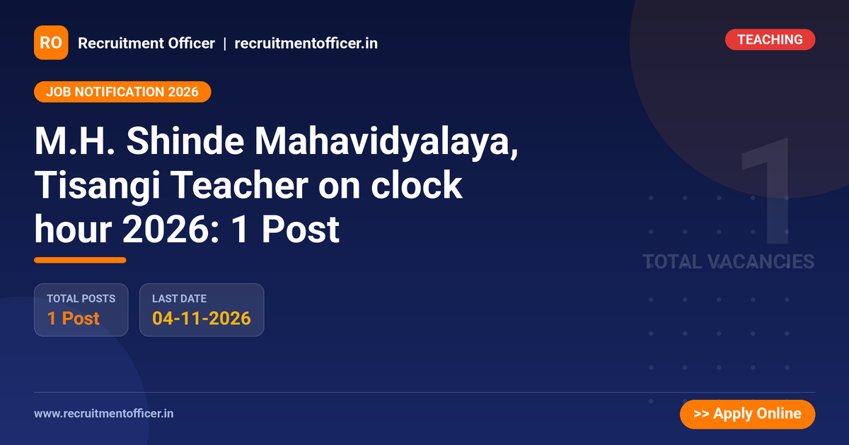 M.H. Shinde Mahavidyalaya, Tisangi Teacher on clock hour 2026: 1 Post 1 M.H. Shinde Mahavidyalaya, Tisangi Teacher on clock hour 2026: 1 Post - Recruitment Officer