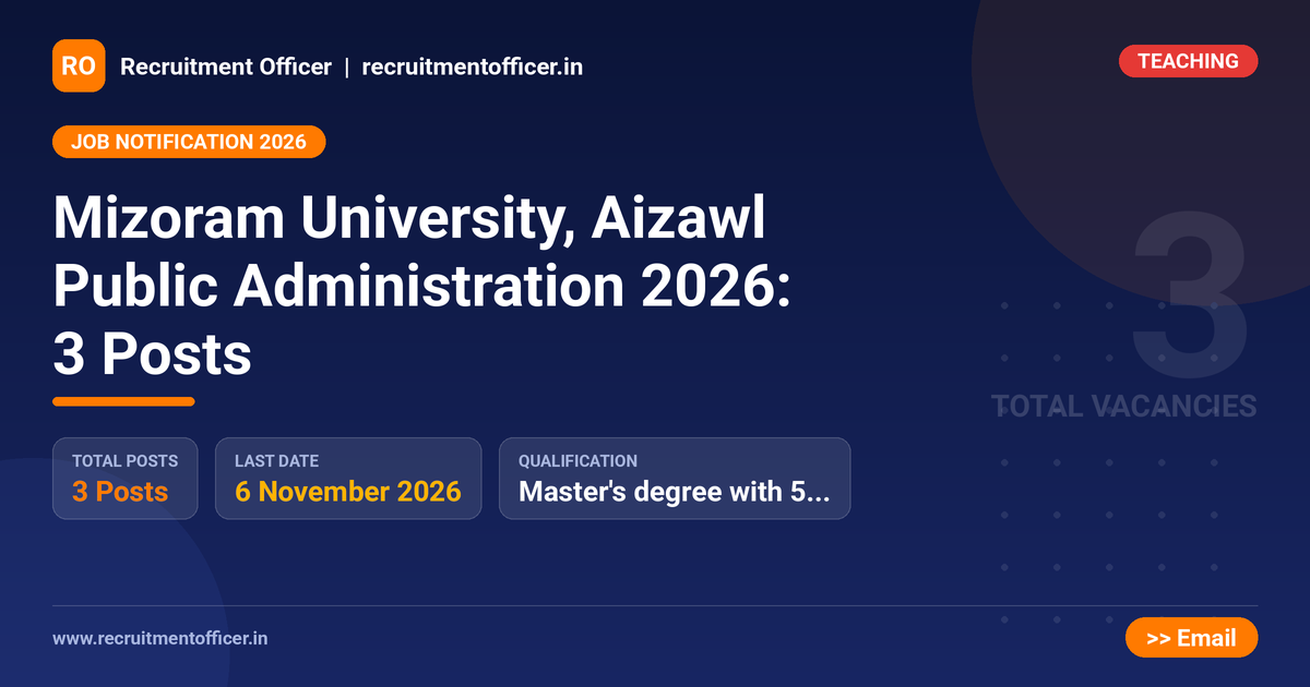 Mizoram University, Aizawl Public Administration 2026: 3 Posts - Recruitment Officer