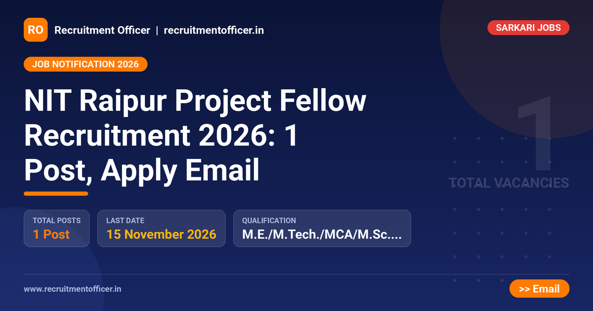 NIT Raipur Project Fellow Recruitment 2026: 1 Post, Apply Email - Recruitment Officer